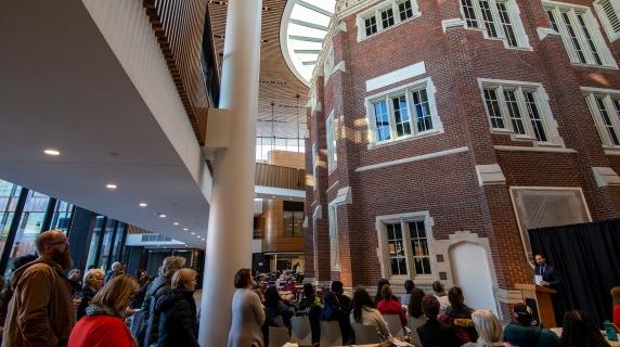 Unveiling of Toni Morrison’s name on the ARH facade in the HSSC atrium Feb. 20, 2020.